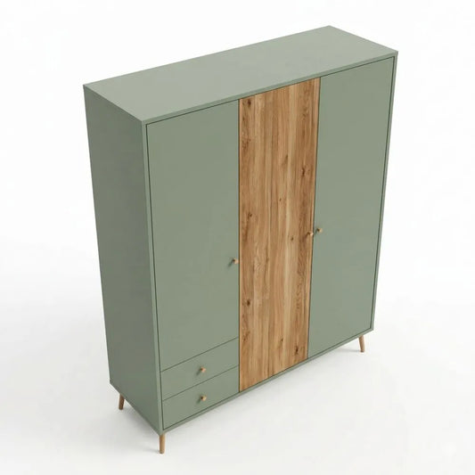 Drehtür-Kleiderschrank mit Holzdekor, 3-türig, mit Schubladen und Einlegeböden