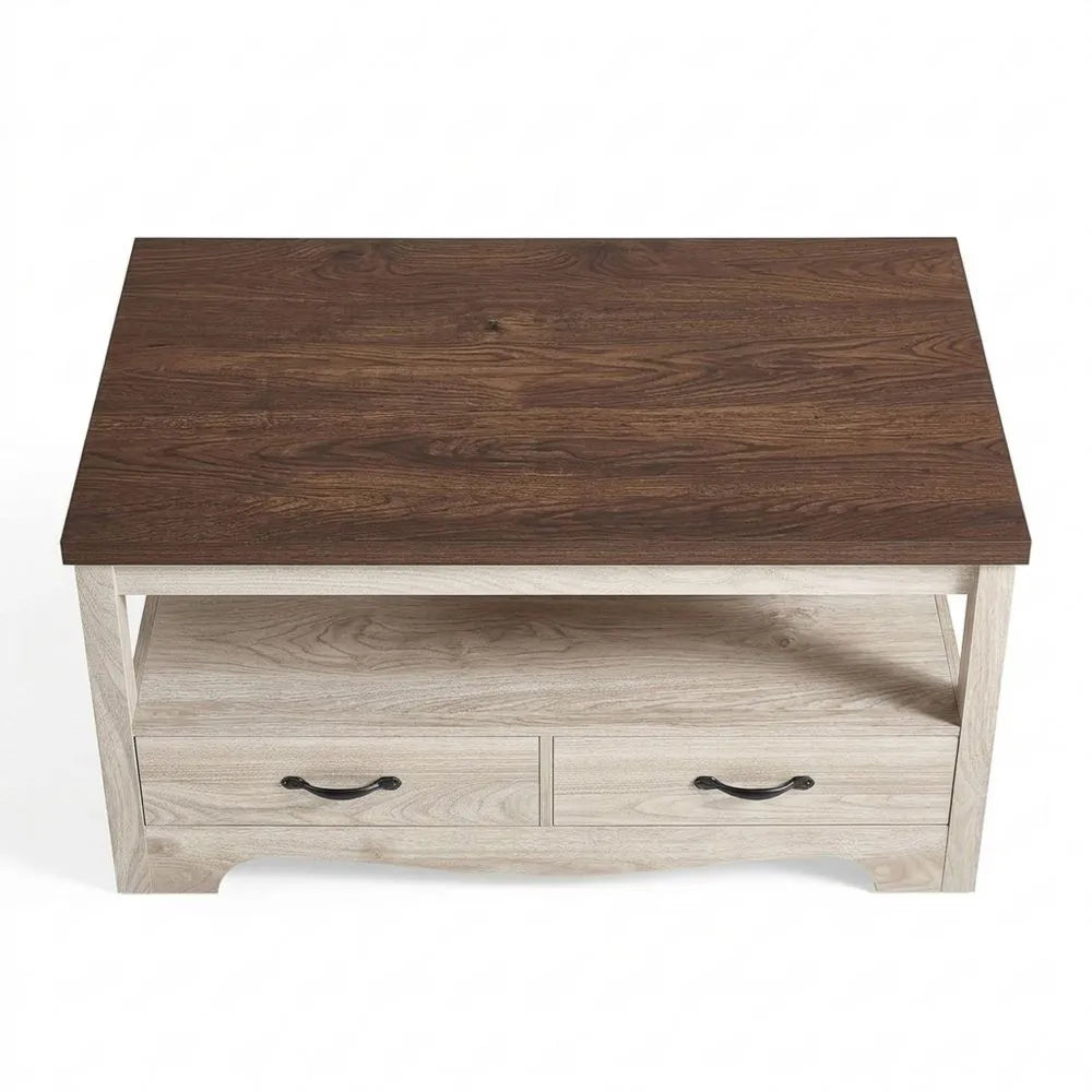 Holz-Couchtisch mit Stauraum und Schubladen, offenes Design im Landhausstil