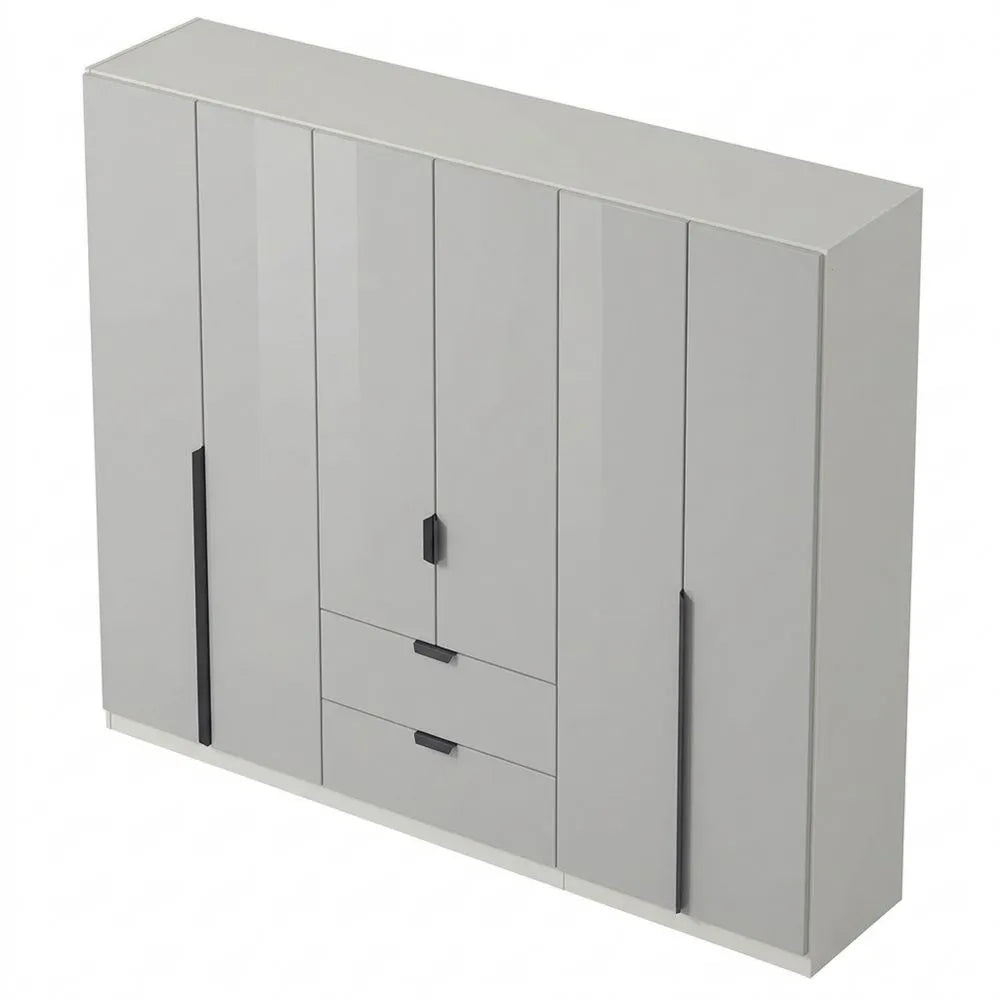 Moderner Drehtürenschrank mit Glas, Weiß, 6-türig, inklusive Kleiderstangen und Schubladen