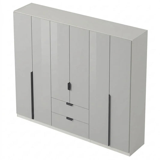 Moderner Drehtürenschrank mit Glas, Weiß, 6-türig, inklusive Kleiderstangen und Schubladen