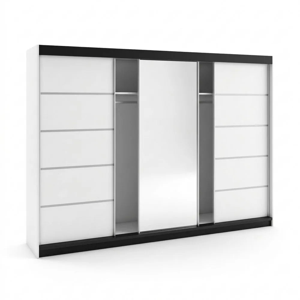 Großer Kleiderschrank mit Spiegel und Schubladen, 3 Türen, Weiß