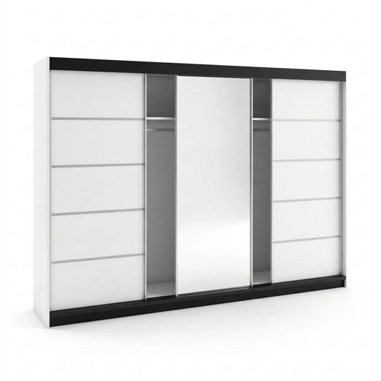 Großer Kleiderschrank mit Spiegel und Schubladen, 3 Türen, Weiß