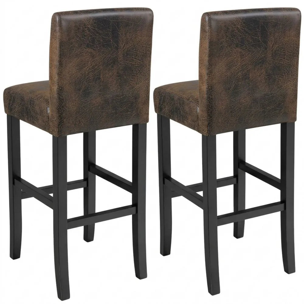 Höhenverstellbare Barhocker mit Lehne und Fußstütze, gepolstert, Holz und Kunstleder, 107 cm hoch, antikbraun