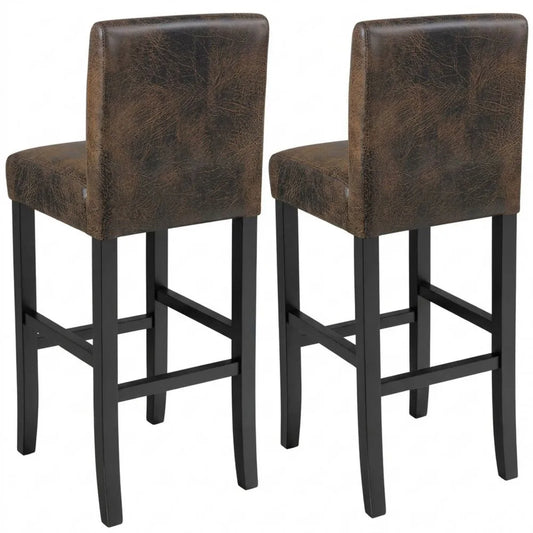 Höhenverstellbare Barhocker mit Lehne und Fußstütze, gepolstert, Holz und Kunstleder, 107 cm hoch, antikbraun